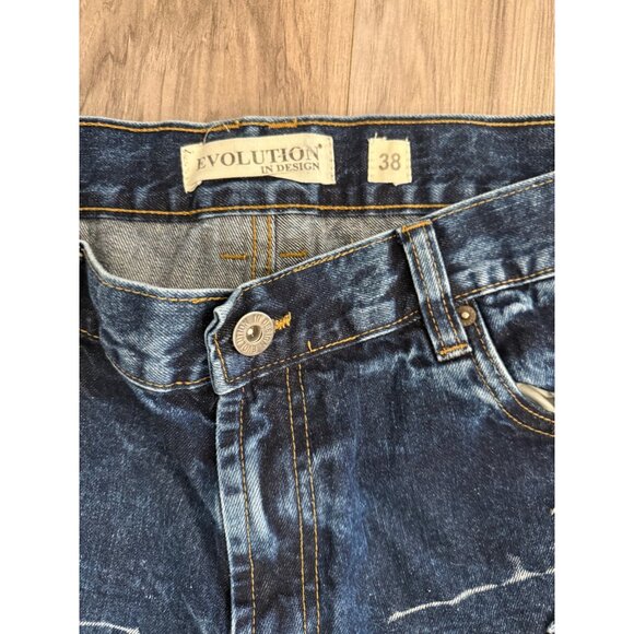 Y2K Evolution In Design Distressed Denim Shorts 38 Patches Frayed Hip Hop Skater - Picture 3 of 10